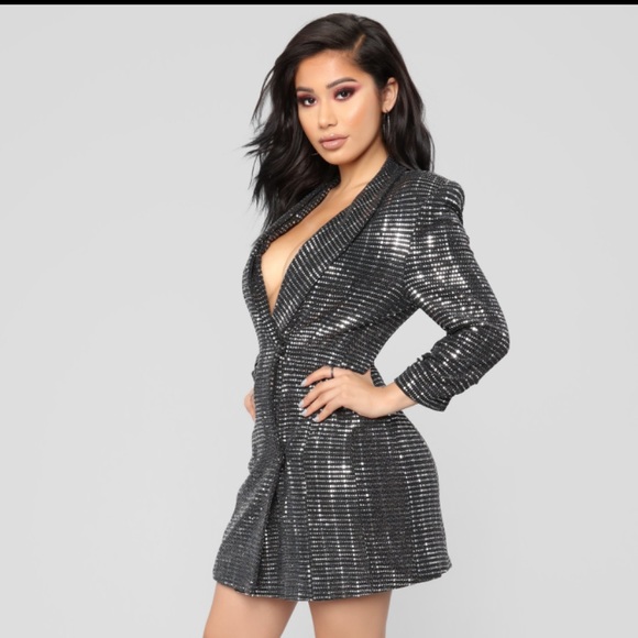 Silver Sequin Blazer Dress - Picture 1 of 3